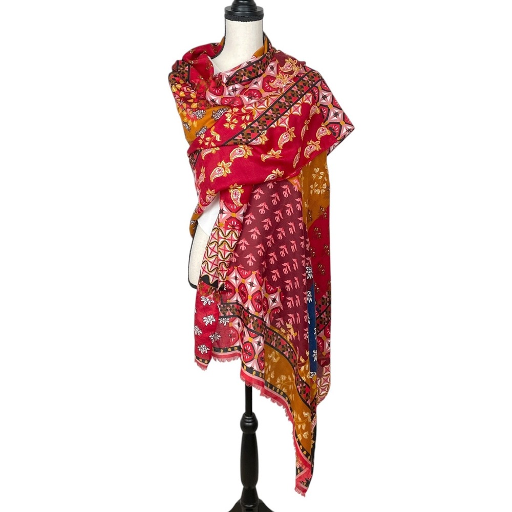 Pretty Persuasions Womens Boho Patchwork Red Floral Geometric Scarf‎ Wrap 72x35